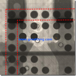 BGA錫球尺寸小于0.4mm，采用降低BGA內(nèi)圍襲球的錫膏量所得到X-Ray，稍微留意一下可以發(fā)現(xiàn)最外圈的錫量(圓的直徑)比其他內(nèi)圍的錫球上的錫量來得多一點(diǎn)點(diǎn)。也就是外圈的黑色圓形直徑比內(nèi)圈的圓形來得大一點(diǎn)點(diǎn)。