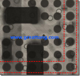 BGA錫球尺寸小于0.4mm，采用降低BGA內(nèi)圍襲球的錫膏量所得到X-Ray，稍微留意一下可以發(fā)現(xiàn)最外圈的錫量(圓的直徑)比其他內(nèi)圍的錫球上的錫量來得多一點(diǎn)點(diǎn)。也就是外圈的黑色圓形直徑比內(nèi)圈的圓形來得大一點(diǎn)點(diǎn)。