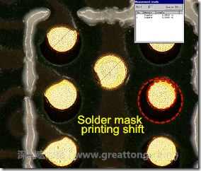 電路板BGA下面的防焊層印刷偏移，造成焊墊大小不一致。