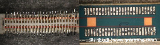 把板對(duì)板連接器與其電路板的佈線焊墊作一個(gè)比較，端子的切斷面有毛邊的地方剛好對(duì)到了裸銅區(qū)。