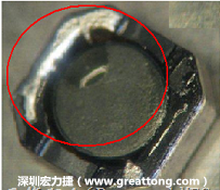 使用錫(Sn)鍍層的電源電感器(Power Inductors)，經(jīng)過推力測(cè)試后，其焊點(diǎn)還保留在零件的端點(diǎn)上，所以推力比較高。