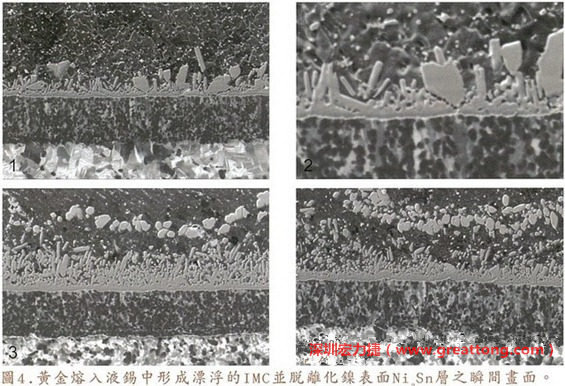 下面四張圖片為放大4500倍的SEM圖像，說明在回流焊爐熱量不足的情況下，黃金成份正要從鎳層分離融入焊錫之中的瞬間，當(dāng)零件遭受外力沖擊的時候就極有可能從這一整排AuSn、、AuSn2或AuSn4的IMC處裂開。