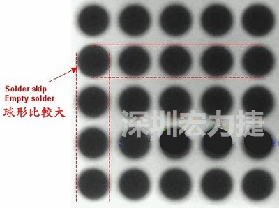 現(xiàn)在我畫幾條直線你再看看是否有發(fā)現(xiàn)那一顆BGA的錫球比較大，有空焊的可能？