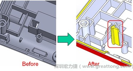 既然知道可能的問題出在電路板變形量過大，于是在電路板上黏貼應(yīng)力計(jì)(Stress Gauge)然后先量測未改善前的應(yīng)力數(shù)據(jù)。改善方法是在BGA的附近新增機(jī)溝肋柱(rib)來頂住電路板以降低電路板在落下時(shí)的變形量。