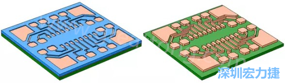 銅被電鍍?cè)趯?dǎo)電種子層之上，從而填滿了PCB板上的圖形化光刻膠腔體(左)。清除光刻膠，蝕刻暴露出的種子層以分隔開不同的銅線(右)-深圳宏力捷