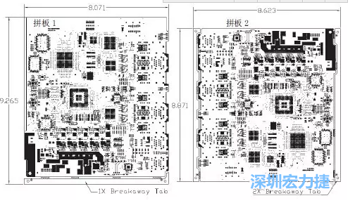 如圖7所示是使用不同數(shù)量邊條的拼板，拼板1僅使用了一個邊條，直接利用PCB另一邊作為SMT工藝傳送邊，并且PCB圖形中有合適的安裝孔；而拼板2則是按常規(guī)設(shè)計(jì)了兩個邊條。拼板方式為連接筋。圖中“Breakaway Tab”指邊條-深圳宏力捷