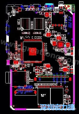 上圖是一個(gè)開(kāi)發(fā)板的PCB，從布局中可以看出各個(gè)接口電路分離很明確，SDRAM和DDR以及SD卡接口電路等走線不會(huì)造成相互的干擾。-深圳宏力捷