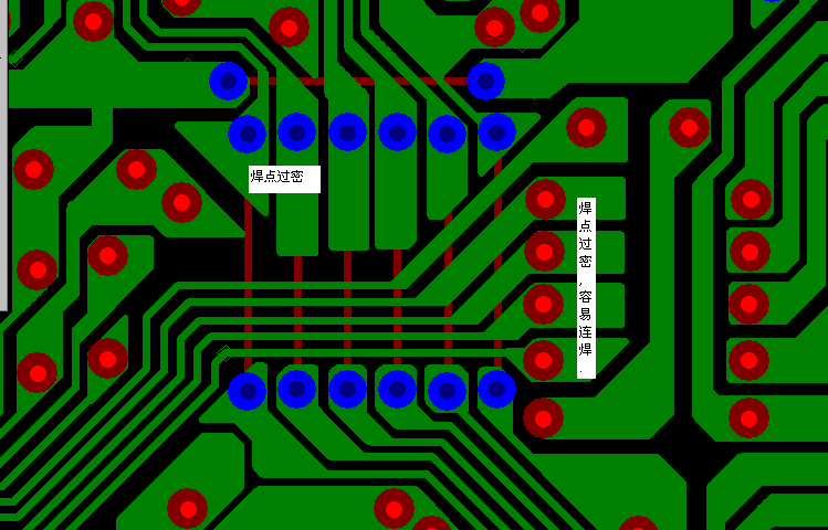 PCB設(shè)計(jì)焊點(diǎn)過密，易造成波峰連焊，焊點(diǎn)間漏電