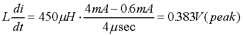 舉例來說，一個閘在"ON"而載有4mA的電流時，突然開關(guān)切到"OFF"且現(xiàn)在載有0.6mA的電流，假設(shè)開關(guān)時間為4msec，載有450mH的電感信號的導(dǎo)體，此時所產(chǎn)生的電壓突波為