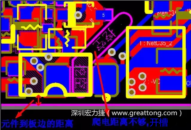 如果碰到模塊PCB空間有限，爬電距離不夠，可以采用開槽的方式