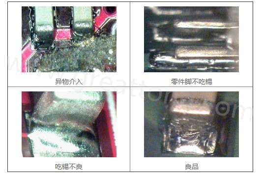 300X顯微鏡主要檢測這些PCBA加工問題：異物介入、零件腳不吃錫、 吃錫不良。