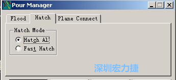 點(diǎn)擊工具欄File→Tools→Pour Manager調(diào)出下圖的覆銅菜單選擇Hatch，Hatch Mode則選Hatch All，按Start進(jìn)行覆銅