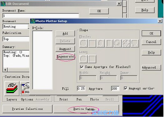 當Gerber和鉆孔都設置完后，選擇一貼片元件較多的層（一般為Top層），點擊Device SetupPhoto，將 Plotter Setup窗口D-Code欄原有的D碼刪除并按Regenerate重新生成