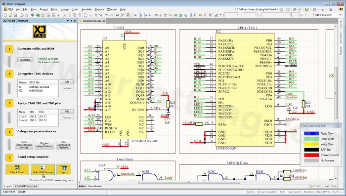 XJTAG DFT Assistant的Access Viewer模式可以清楚地顯示可用的測試存取層級，讓電路板設計人員在展開PCB布局以前的原理圖擷取階段盡可能地提高測試存取能力