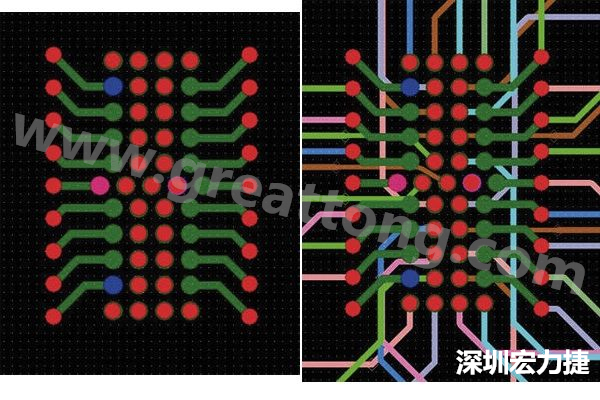 圖7：焊盤內(nèi)過(guò)孔用于內(nèi)部，而外部接腳在0.5mm閘格上扇出。圖7a顯示的是頂層(左)；圖7b顯示頂層和內(nèi)部布線層(右)。