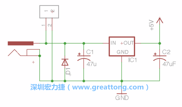 2.5.    新增一個二極體，它會以水平的狀態(tài)出現(xiàn)在屏幕上，請使用「旋轉(zhuǎn)（Rotate）」工具把它負極那一面朝上，并且用「網(wǎng)絡(luò)連接」工具將它連接在電壓調(diào)整器的輸入端和接地端之間。