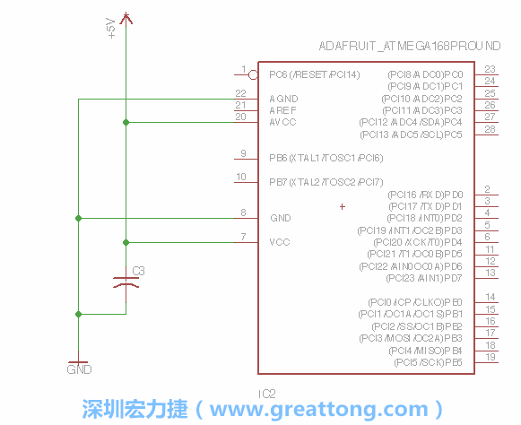 3.1.    新增微控制器晶片（RBBB → ATmega），把它放在電路原理圖的中央附近，把它的兩個(gè)接地接頭連接到接地訊號(hào)端。