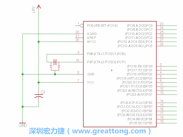 3.2.    在靠近ATmega的電源供應(yīng)針腳7的位置放置一個(gè)0.1μF的電容，將它分別連接電源、接地端和針腳7。