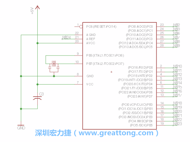 3.3.    將共鳴器（resonator）放置在針腳9和針腳10附近，將它的三個(gè)針腳連接如圖所示，并確認(rèn)最中間的針腳有連到接地端。