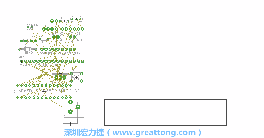 第一次執(zhí)行布線編輯器時，你會發(fā)現(xiàn)有兩個區(qū)塊，左邊的區(qū)塊非?；靵y，而右邊的區(qū)塊則是一個長方形的工作區(qū)域，EAGLE免費(fèi)版會限制你的工作區(qū)域在4” x 3.2”的范圍內(nèi)，如果你試圖將元件擺放在工作區(qū)外的話，就會跳出警示訊息。