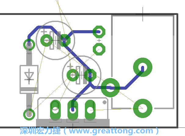 當(dāng)你在擺放元件時，要注意元件間的連結(jié)關(guān)系使用「旋轉(zhuǎn)（Rotate）」工具來讓連結(jié)點(diǎn)更接近、更容易布線。舉例來說，我們可以將這邊的二極體轉(zhuǎn)一個方向來縮短和47μF電容間的連結(jié)距離。