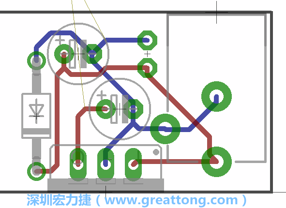 接地連結(jié)點(diǎn)的布線情形如下圖所示，利用這個練習(xí)來避免電路連線銳角化的產(chǎn)生是一個不錯的選擇，你可以在工具列中的彎曲線路（Wire Bend）選項(xiàng)里改變各種布線的變化。