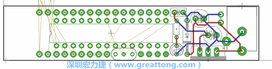 將ATmega微控制器、三個GPIO排針（JP2, JP3, JP4）和諧振器（resonator）排置如上圖所示。