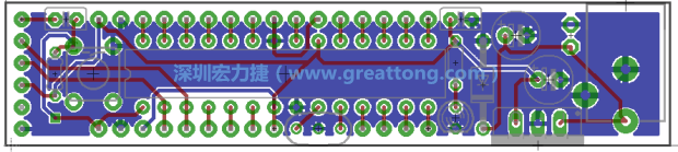 第二篇文章則帶領(lǐng)你進(jìn)行電路板上的布線、連結(jié)點(diǎn)的配置，并利用「設(shè)計(jì)規(guī)則檢查（Design Rule Check）」測(cè)試你的設(shè)計(jì)，第二篇文章的電路板設(shè)計(jì)圖將如下所示：