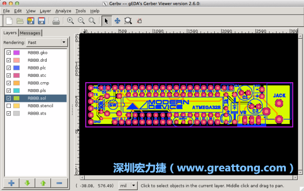 將圖層匯入你的Gerber預(yù)覽工具內(nèi)（下圖為Gerbv），我通常會(huì)從上到下重新排列它們的順序，好讓我比較好校對(duì)：