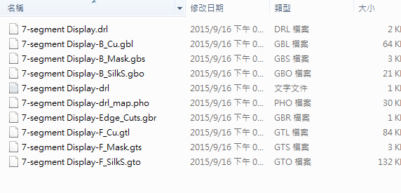 所謂Gerber檔，其實(shí)是包含一群檔案 (如下圖所示)，如包含正反面銅箔層 F.Cu B.Cu.，正反面文字面 F.Silkscreen ，B.Silkscreen，防焊層 SolderMask、板邊裁切Edge.Cuts 等。