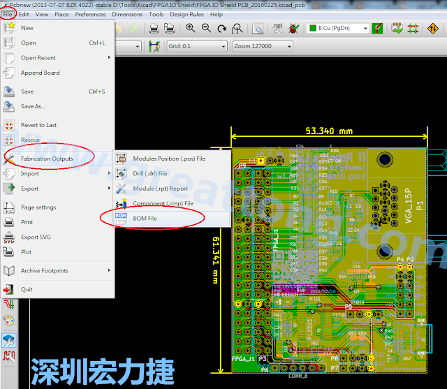 在Kicad的PCB Editor, 點(diǎn)選 File->Fabrication Outputs->BOM File, 即可產(chǎn)生一個(gè) .csv 的Excel 檔案。