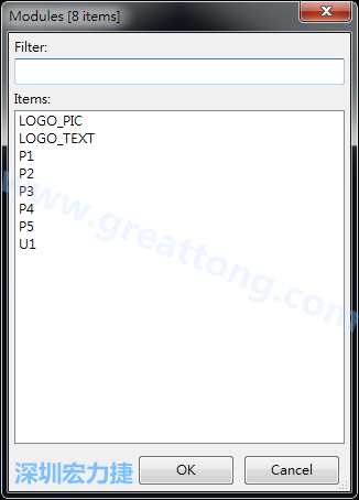 從目前正在編輯的PCB載入Module， 會(huì)顯示有那些項(xiàng)目可載入。點(diǎn)選一個(gè)， OK后即完成載入