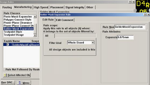 5. 而對于阻焊的調(diào)整則可以通過按D、R調(diào)出[Manufacturing]制作設(shè)計(jì)規(guī)則的[Solder-Mask Expansion Rule]設(shè)置項(xiàng)直接設(shè)定單邊放大值