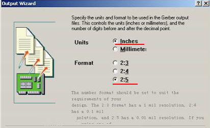 在上圖中選擇“Inches 2：5”，以確保資料精度，反之線寬、線距或孔有偏移現(xiàn)象