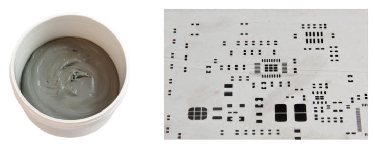 焊膏（左），PCB模板激光切割孔（右）